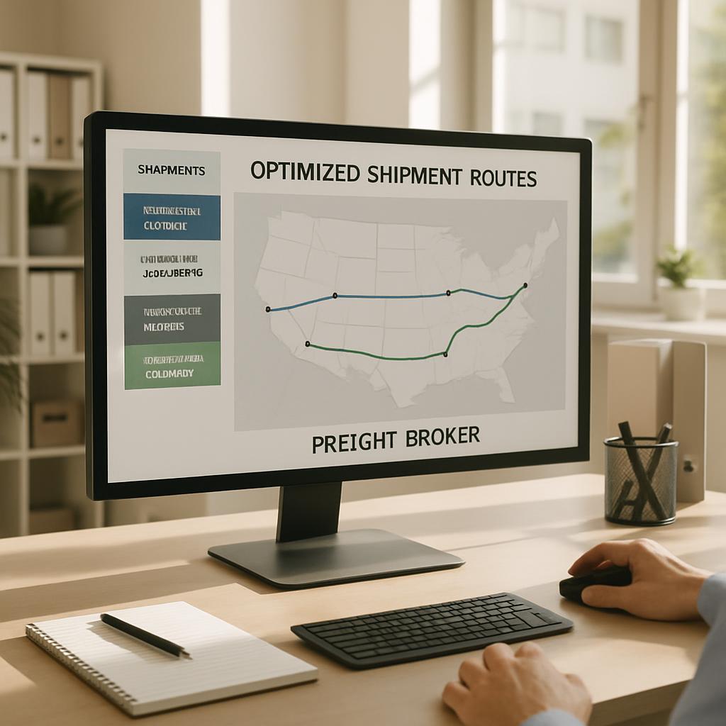 Computer monitor displaying a map of US representing optimized shipment routes and network of shippers; display with 1 lin...