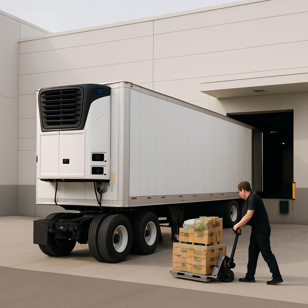 A man unloads boxes from an empty semi-trailer.