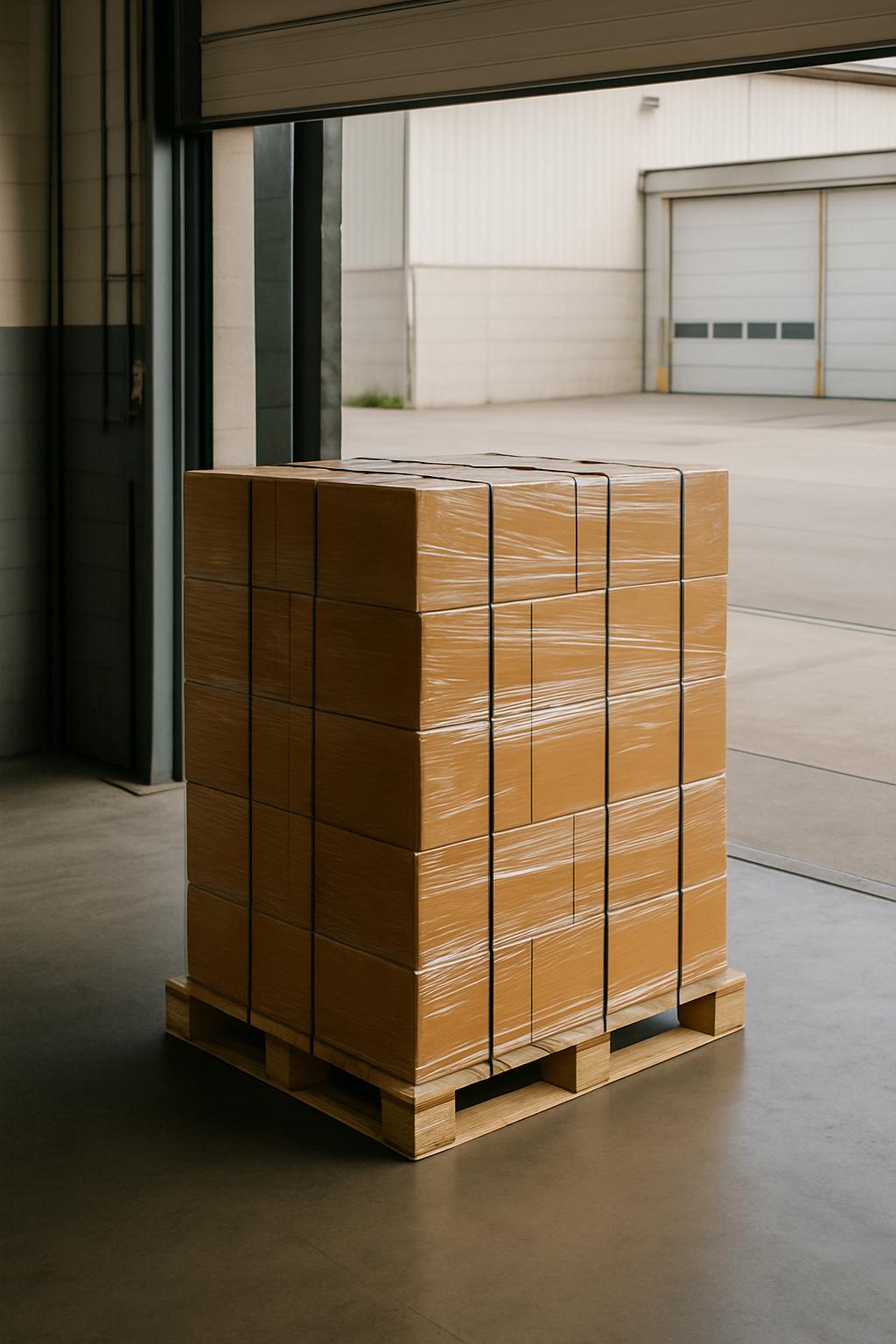 The stack of cardboard boxes on a wooden pallet in the middle of the warehouse entrance.